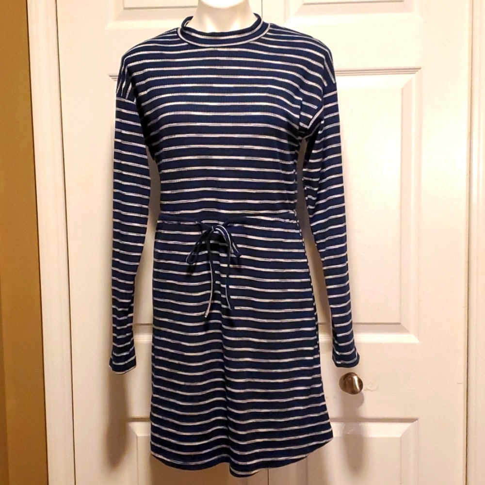 Shein High Neck Navy Blue/White Striped Women's Sweater Dress - Large (8-10)